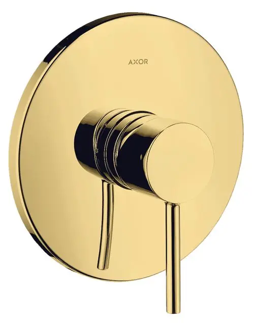 Einhebel-Brausemischer in polierter Goldoptik von AXOR. Rundes Design mit zwei Hebeln zur Wasserregelung und einem glatten Oberflächenfinish.